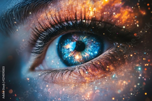 Woman eye reflecting universe and stars, esoteric and magic concept