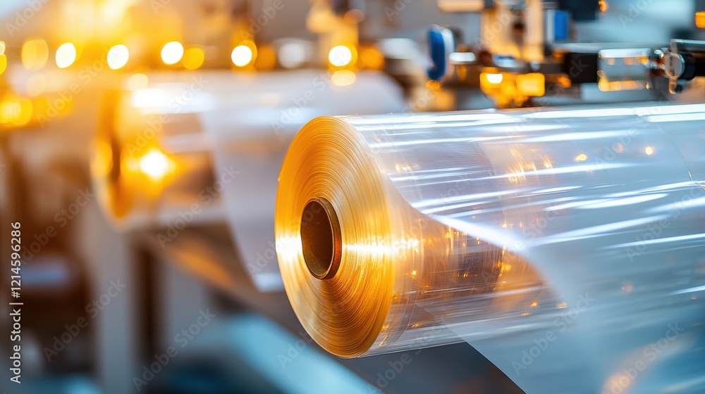 Transparent plastic film roll in manufacturing facility with bright lighting Transparent plastic film roll in manufacturing facility with bright lighting