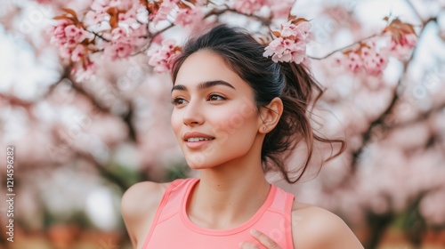 Spring blossom running woman in cherry orchard outdoor portrait joyful mood photo