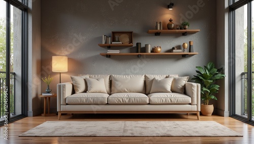 Soft cream leather couch with plush eight pillows rests against a sleek gray backdrop, atop rich light brown hardwood floors photo