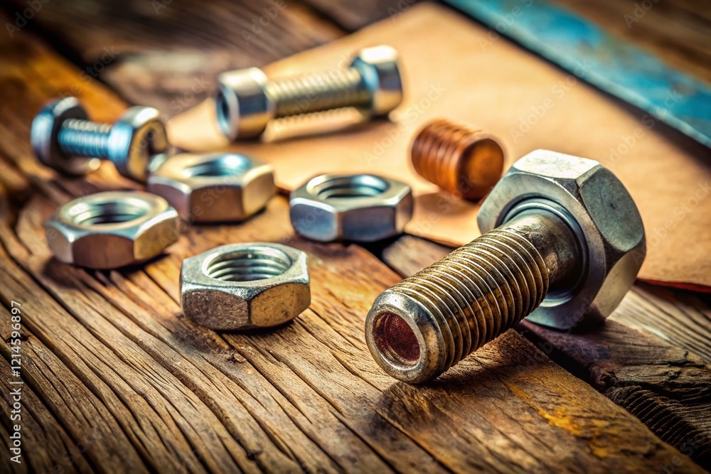 Rustic Hardware & Blank Paper Mockup: Bolts, Nuts, and Paper on Chipboard Rustic Hardware & Blank Paper Mockup: Bolts, Nuts, and Paper on Chipboard