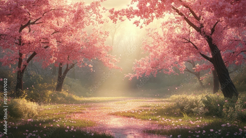 springtime nature scene, cherry blossoms bathed in sunlight, stirring the dewy grass with a gentle spring breeze a tranquil awakening to nature springtime nature scene, cherry blossoms bathed in sunlight, stirring the dewy grass with a gentle spring breeze a tranquil awakening to nature