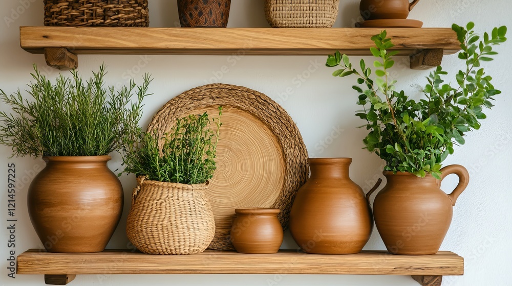 Fototapeta premium Handcrafted Clay Pots Displayed on Wooden Shelves portrait craftsmanship festival