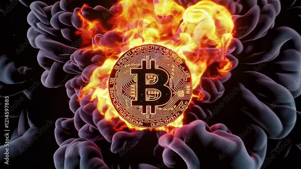 Bitcoin digital cryptocurrency coin burning in orange and yellow flames surrounded by dark smoke on a black background, representing the volatility and risk of investing in crypto