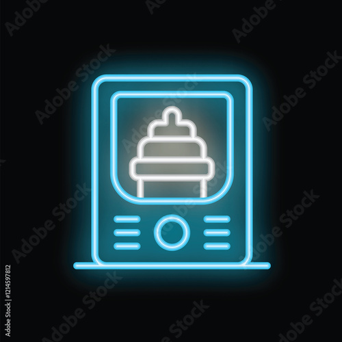 Glowing neon line icon of a baby food heater for warming up bottles of formula on a smartphone screen