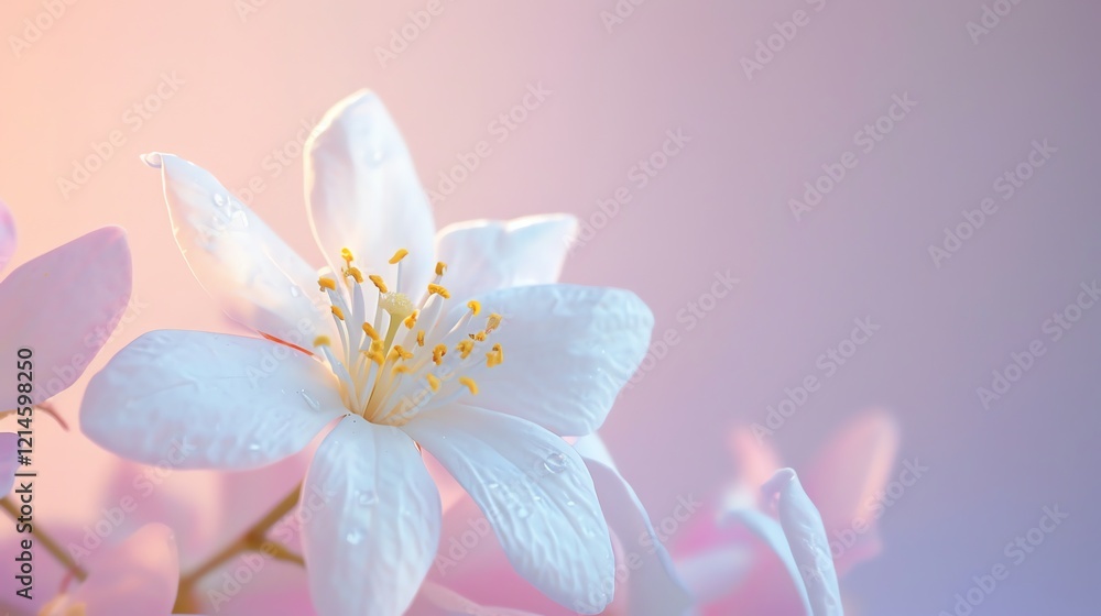 Fototapeta premium A beautiful close-up of a white flower with a yellow center. The petals are delicate and have a soft, velvety texture.