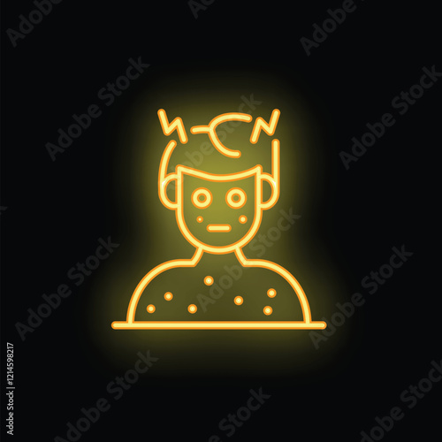 Yellow glowing neon icon of a man experiencing symptoms of the monkeypox virus