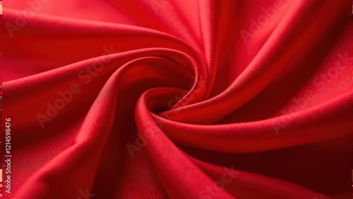 Deep, rich crimson silk with elegant folds glistens as tiny water droplets catch the light, enhancing its smooth texture photo