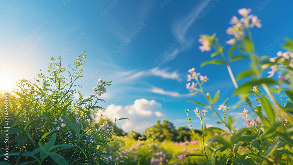 Obraz premium Green field and blue sky with clouds, summer landscape