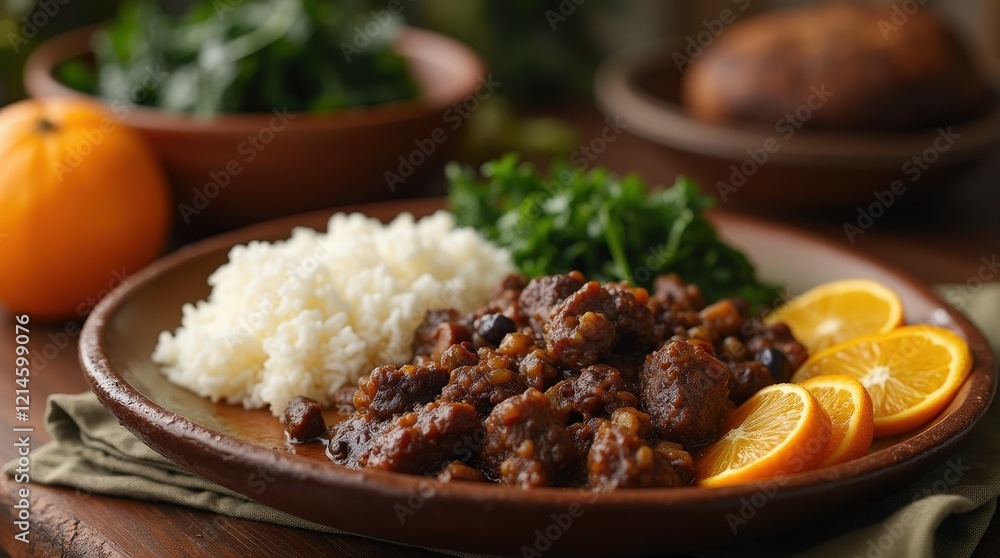 Enjoying Brazilian feijoada with white rice and fresh accompaniments Enjoying Brazilian feijoada with white rice and fresh accompaniments