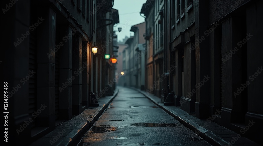 Rainy day in a quiet deserted alleyway with puddles reflecting streetlights