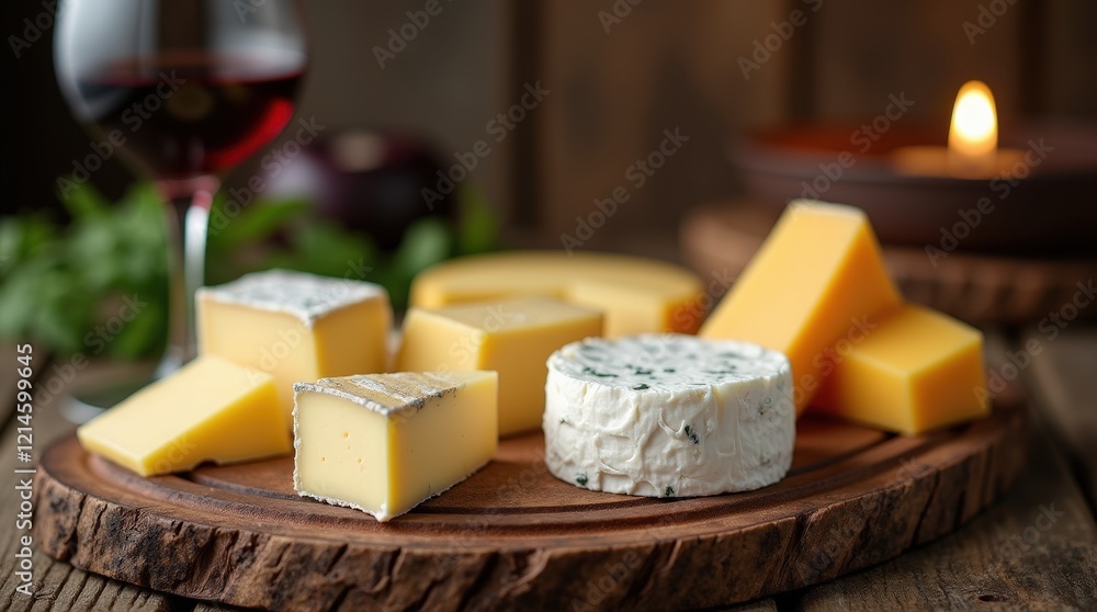 Rustic wooden cheese board featuring brie, gouda, cheddar, and wine