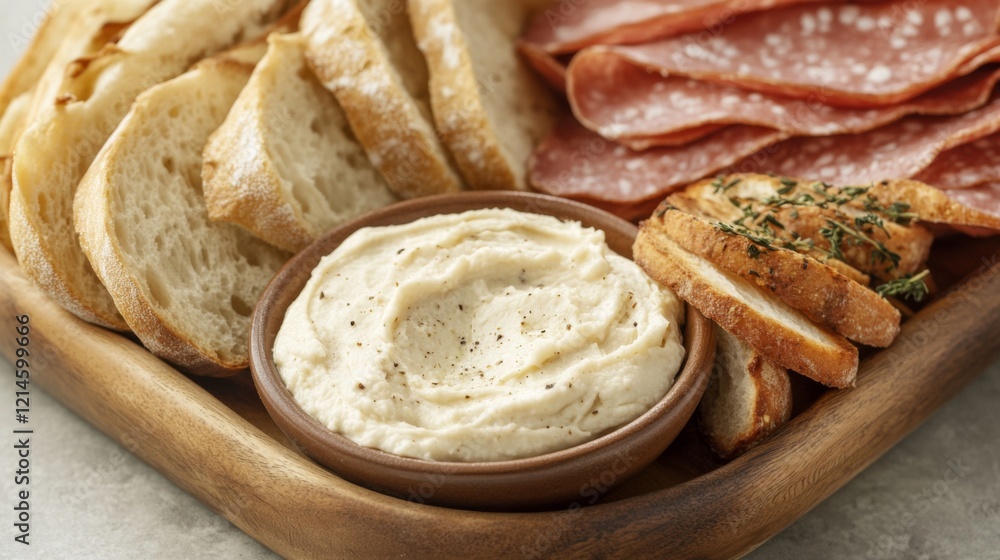 Wooden board with creamy dip, sliced bread, and salami. Wooden board with creamy dip, sliced bread, and salami.