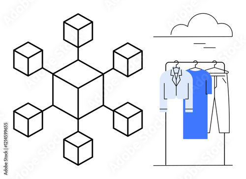 Blockchain cubes in a connected network beside a clothing rack with shirts and pants. Ideal for digital fashion, e-commerce, retail innovation, supply chain, tech integration, data security. Line