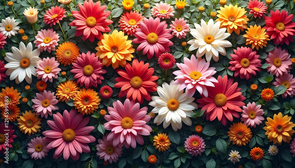 A dynamic floral wall filled with blooming chrysanthemums, daisies, and other wildflowers, bursting with radiant colors and natural beauty. A dynamic floral wall filled with blooming chrysanthemums, daisies, and other wildflowers, bursting with radiant colors and natural beauty.