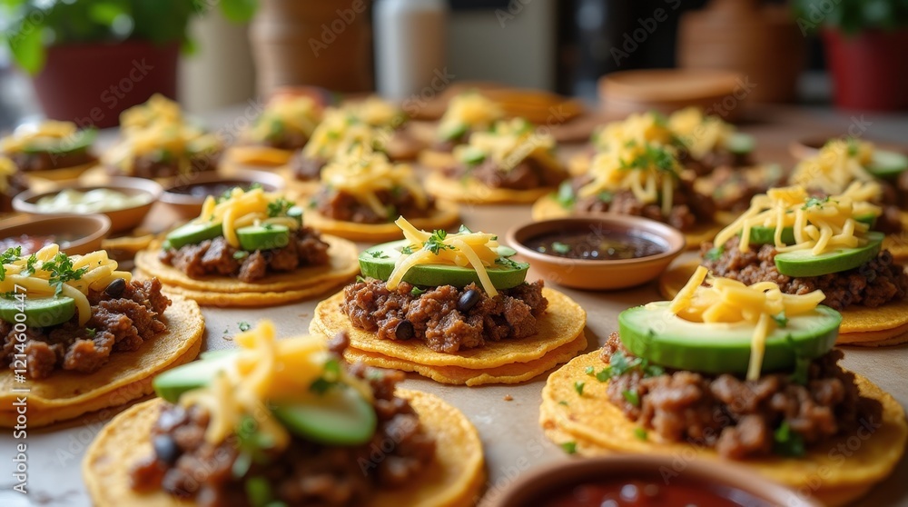 Fototapeta premium Delicious Venezuelan arepas filled with shredded beef and fresh toppings