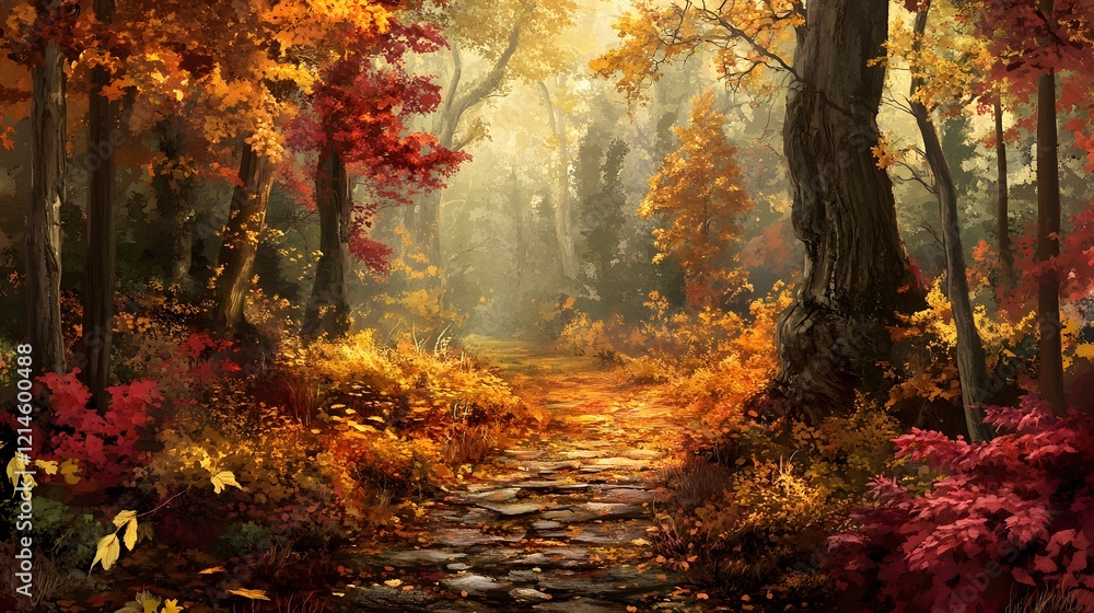 Naklejka premium Autumn Forest Path Golden Leaves Stone Walkway Fall Scenery