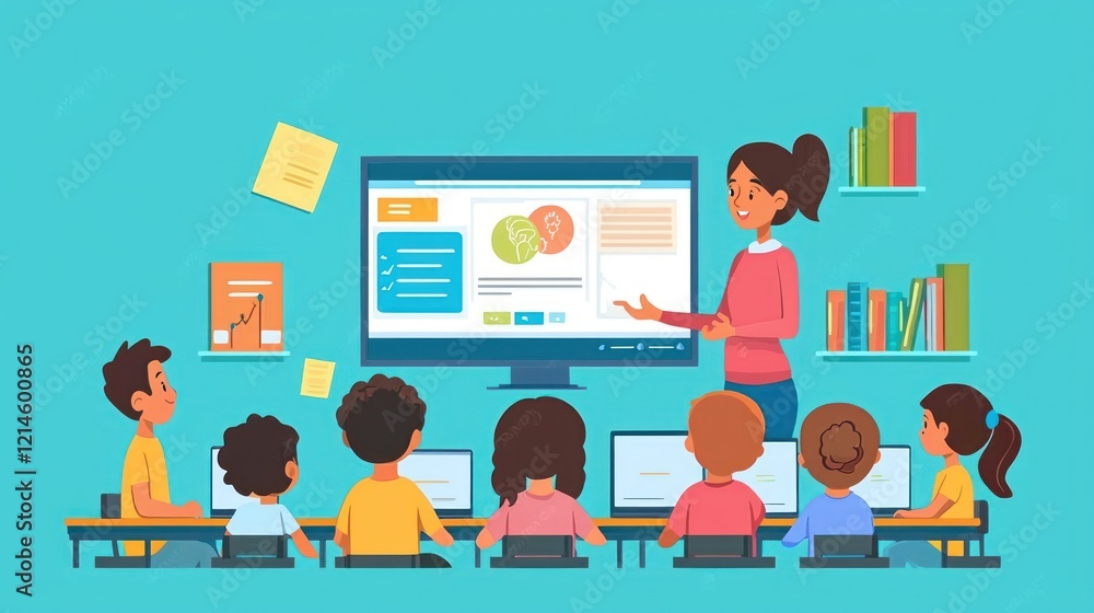 A teacher guiding a group of elementary students through an online lesson, with animated educational content on the screen.