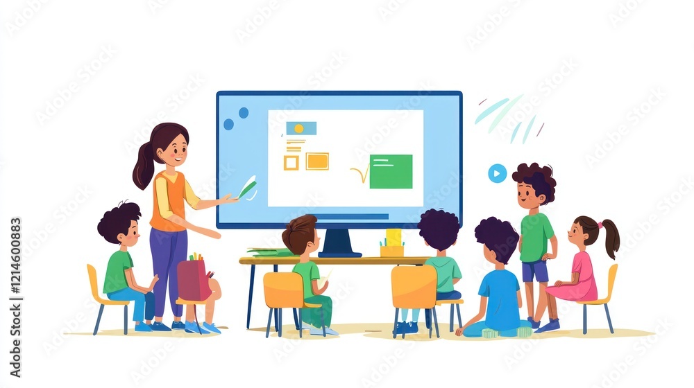 A teacher guiding a group of elementary students through an online lesson, with animated educational content on the screen. A teacher guiding a group of elementary students through an online lesson, with animated educational content on the screen.