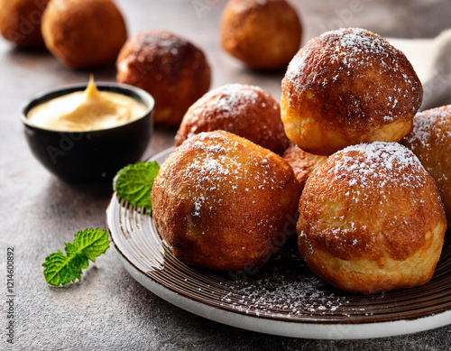 Round, golden-brown Danish pancake balls dusted with powdered sugar are served on a dark plate alongside a dipping sauce and fresh mint leaves. photo