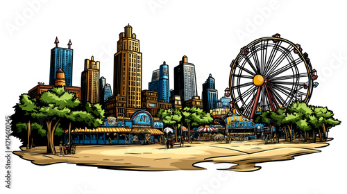 Coney Island in New York. Vector comic hand-drawn illustration of Coney Island