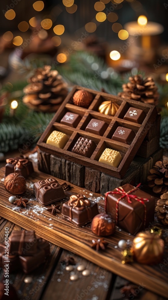 There are many chocolates on a wooden table with pine cones, food background, vertical background There are many chocolates on a wooden table with pine cones, food background, vertical background