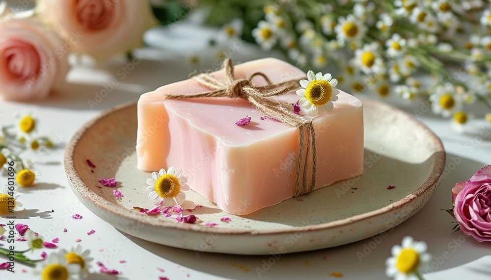 Handmade soap with flowers on rustic plate with copy space Handmade soap with flowers on rustic plate with copy space
