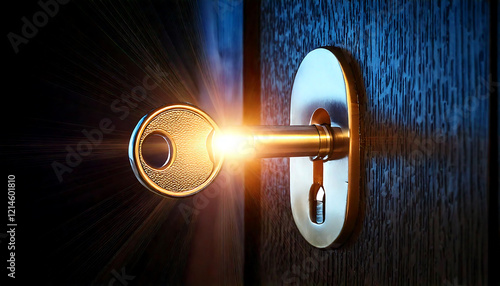 Dramatic close-up of a key entering a keyhole, radiating light.  Perfect for concepts of opportunity, success, or unlocking potential. Ideal for websites, presentations, and marketing materials.