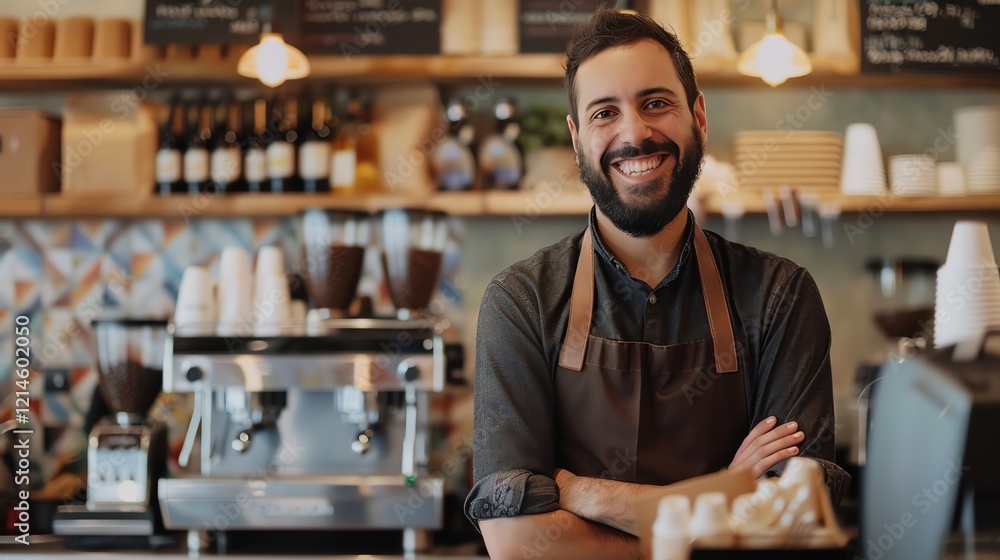 Bearded man wearing apron standing with arms crossed in front of coffee machine in cafe. Bearded man wearing apron standing with arms crossed in front of coffee machine in cafe.