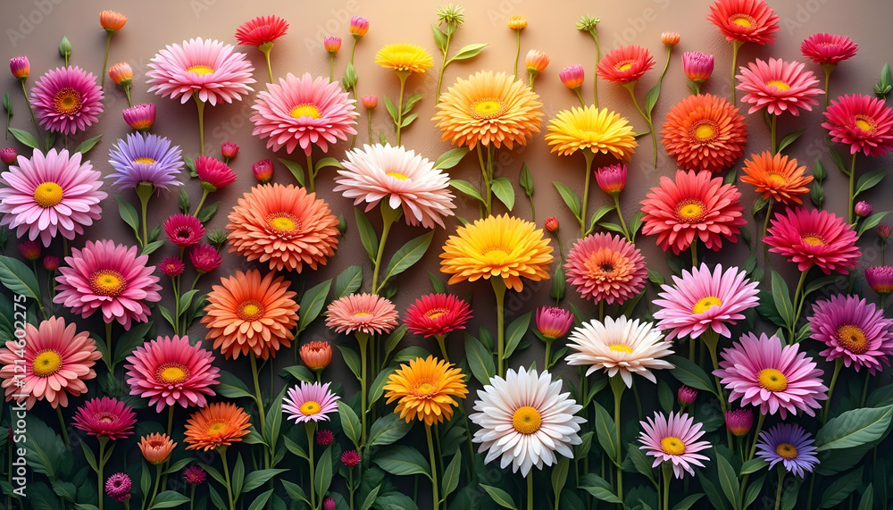 A dynamic floral wall filled with blooming chrysanthemums, daisies, and other wildflowers, bursting with radiant colors and natural beauty. A dynamic floral wall filled with blooming chrysanthemums, daisies, and other wildflowers, bursting with radiant colors and natural beauty.