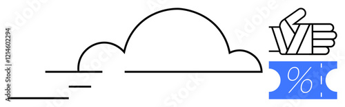 Cloud with motion lines, thumbs-up gesture, blue discount ticket. Ideal for promotions, customer satisfaction, sales, cloud services, marketing discounts positive feedback. Modern minimalistic