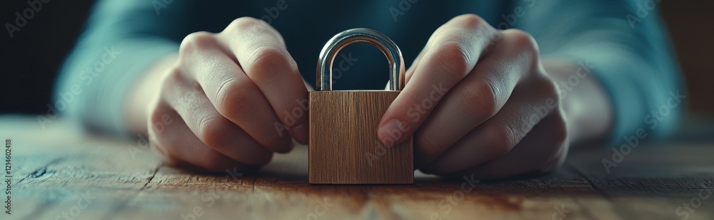 Obraz premium Person Holding Wooden Padlock on Table - Flat Lay