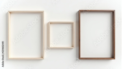 Three elegant wooden frames aligned seamlessly against a crisp white backdrop. Light wood rectangle on the left, smooth beige square in the center, creating a harmonious display of simplicity and styl photo