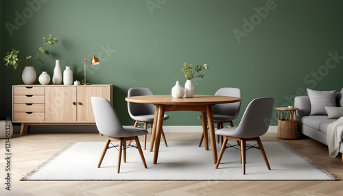Stylish Modern Dining Area with Greenery Accents. A beautifully designed, modern dining area showcasing a round wooden table with gray velvet chairs