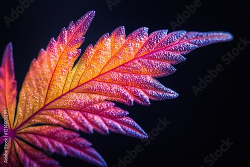 Colorful cannabis leaf with trichomes glistening in purple, orange and yellow on a black background photo