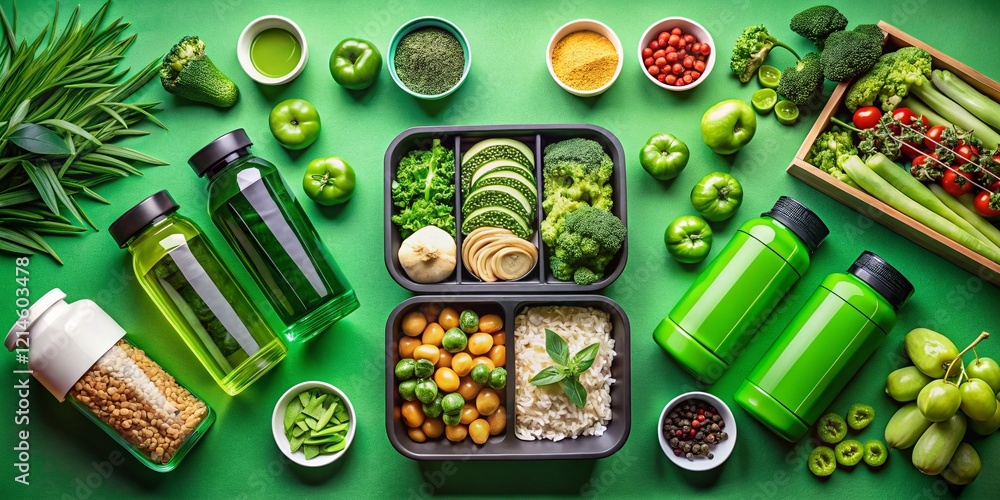 Aerial View of Fitness Nutrition & Supplements: Green Gradient Concept, Healthy Meal Prep for Athletes Aerial View of Fitness Nutrition & Supplements: Green Gradient Concept, Healthy Meal Prep for Athletes