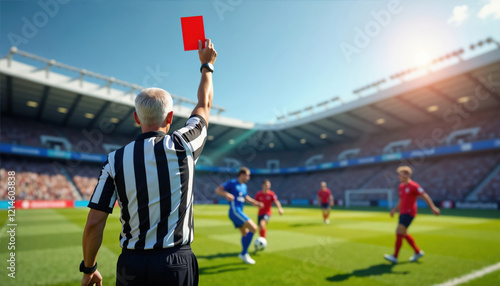 A soccer referee signals a red card to a misconducting football player while another player approaches on a lush green field in a packed stadium on a sunny day photo