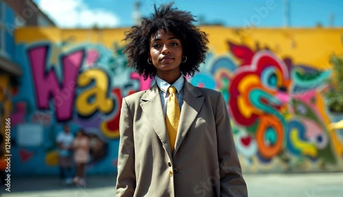 Confident Woman in Suit Against Vibrant Graffiti Art