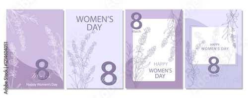 Womens Day Poster. Set of Floral Posters for 8th March. Flower design Womens Day Greeting Cards. Women Day background Templates with Floral Line Art.