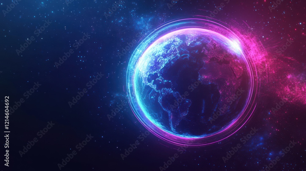 Glowing Earth rotating in space, digital network, cosmic background, futuristic concept Glowing Earth rotating in space, digital network, cosmic background, futuristic concept