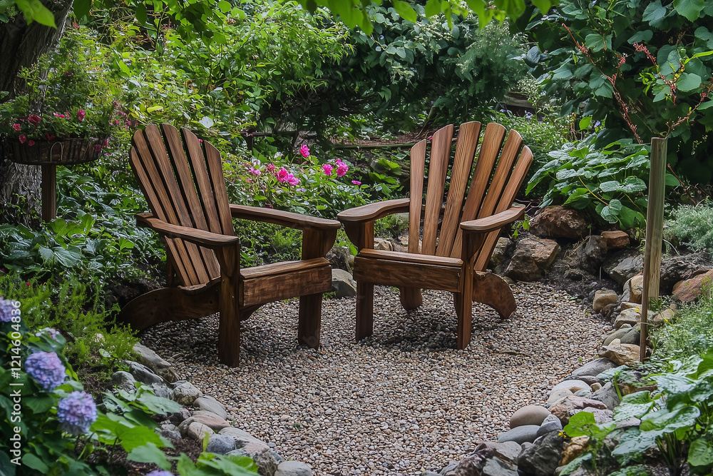 A pair of Adirondack chairs in a heart-shaped garden, postcard design with space for greetings. Valentine concept, landscape design A pair of Adirondack chairs in a heart-shaped garden, postcard design with space for greetings. Valentine concept, landscape design