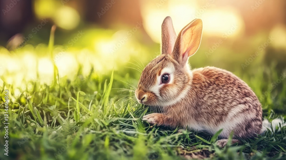 Fototapeta premium Adorable Rabbit Nibbling on Fresh Grass in Natural Light