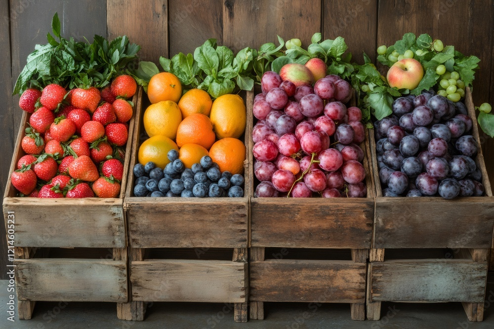 Colorful fresh fruits overflowing wooden crates at a farmer's market stall Colorful fresh fruits overflowing wooden crates at a farmer's market stall