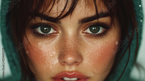 Emerald Gaze: A mesmerizing close-up portrait of a woman's face, featuring captivating emerald eyes that hold a captivating and alluring gaze, with glistening skin and a touch of vulnerability. photo