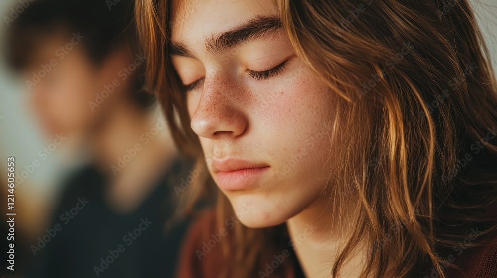 Fototapeta premium A teen looking down, blushing during a school presentation, feeling self-conscious.
