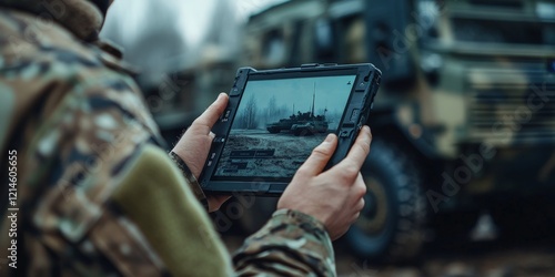 A soldier using a high-tech tablet with holographic graphics, representing innovation and tactical strategies. Ideal for military technology, futuristic warfare, and cybersecurity themes. photo