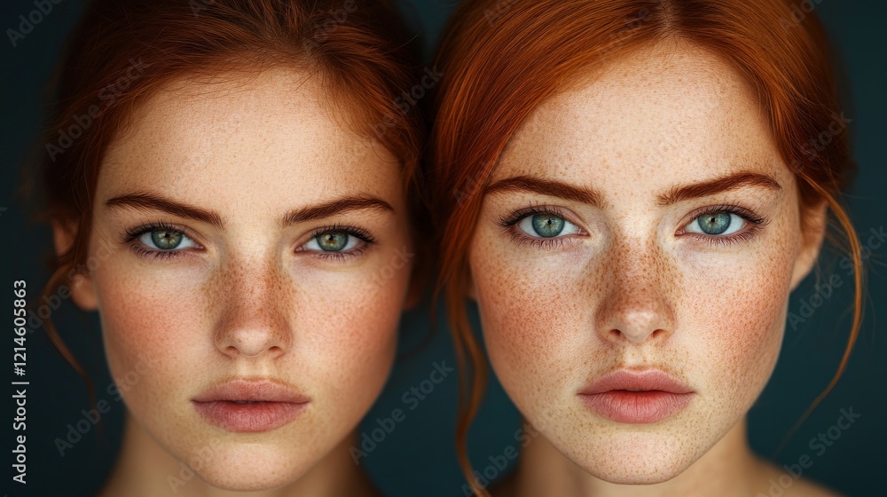 Redhead Twins: Close-up portrait of two stunning redhead twins, sharing striking similarities in their captivating green eyes and delicate freckles. Redhead Twins: Close-up portrait of two stunning redhead twins, sharing striking similarities in their captivating green eyes and delicate freckles.