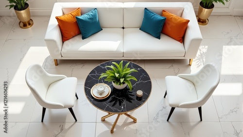 Elegant, black marble dining table with gold legs anchors the scene, adorned by a lush green plant in a sleek white pot. Flanking either side, pristine white chairs invite cozy gatherings under soft l photo