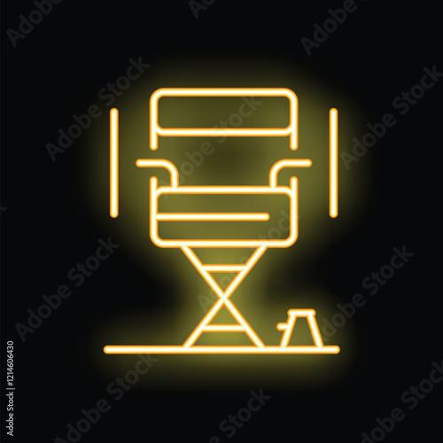 Glowing neon icon of a director chair with footrest on a black background