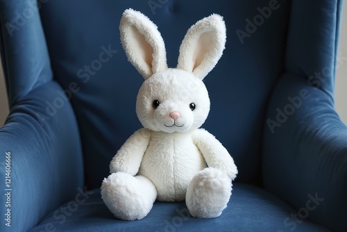 Plush white bunny with pink nose and ears sitting on blue velvet armchair
